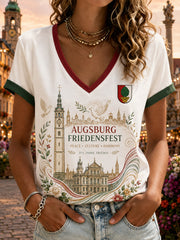 Frauen-Friedensfest-Feier Grafikdruck T-Shirt mit V-Ausschnitt und kurzen Ärmeln