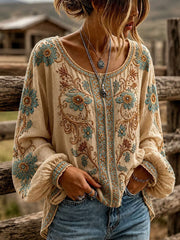 Damenhemd aus Baumwolle und Leinen mit Western- und Blumenmuster