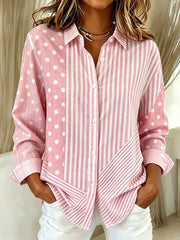 Frauen rosa gestreift und Polka Dot Baumwoll Leinen hemd