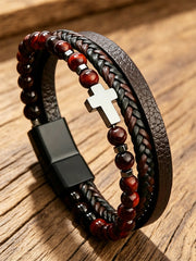 Unisex Naturstein Obsidian Vulkanische Fels elemente Einfaches kreuz förmiges Mehrschicht-Armband