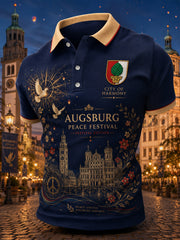 Herren-Poloshirt mit grafischem Motiv zur Feier des Friedensfestes, kurzärmelig