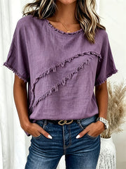 Kurz ärmel iges Damen-T-Shirt mit Fringe Trim Patchwork-Leinen