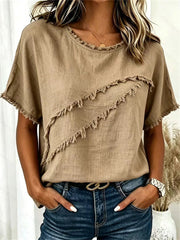Kurz ärmel iges Damen-T-Shirt mit Fringe Trim Patchwork-Leinen