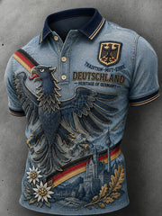 Herren-Denim-Poloshirt im Vintage-Stil mit Adler-Print
