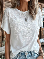Damen-Lässiges Baumwoll-Leinen-Top mit Vintage-Blumen-Kunstdruck