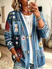 Damen-Katzen-Kunstdruck-Freizeit-Strickjacke
