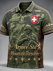 Herren-Poloshirt mit Schweizer Flaggen-Militär‑Camouflage‑Patchwork‑Print, lässig geschnitten