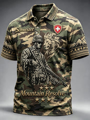 Herren-Poloshirt mit militärischem Schweizer-Flaggen-Muster im Freizeitstil