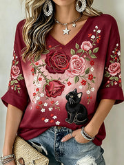 Damen-Kurzarm-T-Shirt mit rosafarbenem & schwarzem Katzen-Kunstdruck aus Leinen