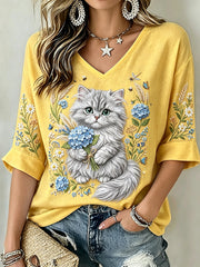 Damen-Kurzarm-T-Shirt aus Hortensien und Katzen-Kunstdruck Leinen