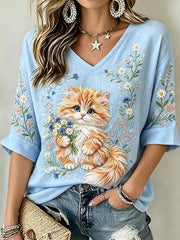 Damen-Kurzarm-T-Shirt mit Katzen kunstdruck