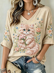 Damen-Kurzarm-T-Shirt mit Blumenmuster aus Leinen