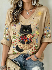 Damen-Kurzarm-T-Shirt mit eklatantem Obst und schwarzem Katzen-Kunstdruck aus Leinen