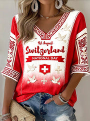 Damen-T-Shirt mit schweizerischer Nationalflagge, Farbverlauf-Print, lässiger V-Ausschnitt