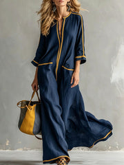Damen-Freizeitkleid in Farbblock-Optik mit V-Ausschnitt und mittellangen Ärmeln