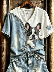 Damen Peeking French bulldog kurz ärmel iges T-Shirt mit Denim-Print