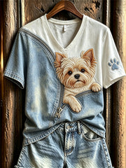 Damen-Kurzarm-T-Shirt mit Peeking-Yorkshire-Terrier-Hund mit Reiß verschluss