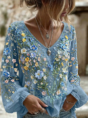 Damen-Top aus bequemer Leinenqualität mit vintage-geprägtem Blumen-Art-Print