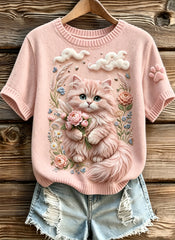 Damen-Sweatshirt mit niedlichen Katzenmotiven, im Vintage-Stil, modisch, locker geschnitten, kurze Ärmel