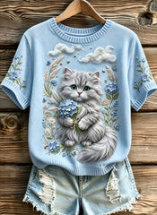 Damen niedliche Tiere Katze gedruckt Vintage Mode lose kurze Ärmel T-Shirt