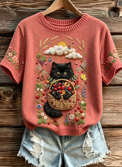 Damen-Sweatshirt mit niedlichen Katzenmotiven, im Vintage-Stil, modisch, locker geschnitten, kurze Ärmel