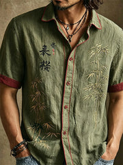 Herren-Vintage-Hemd aus Leinen mit japanischem Bambus-Kalligrafie-Kunstdruck und kurzen Ärmeln
