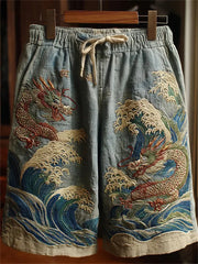 Herren-Shorts aus Leinen mit Kunstdruck japanischer Drachen und Meereswellen sowie Tunnelzug