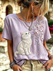 Frauen Katze Floral T-Shirt