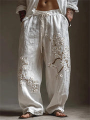 Herren-Vintage-Hose aus Leinen mit japanischem Mandelblüten-Kunstdruck