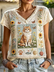 Frauen Elegante Blumen Katze Baumwolle Leinen Top