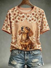 Damen-T-Shirt im Hundemotiv-Ölgemälde-Stil, lässig bedruckt