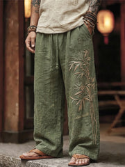 Herren-Vintage-Hose aus Leinen mit japanischem Bambus-Kunstdruck
