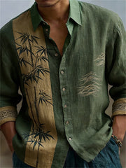 Herren-Linenhemd im Vintage-Stil mit japanischer Bambuskunst und Kontrastdruck