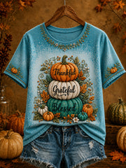 Damen-T-Shirt mit Dankbarkeitsmotiv – dankbar, glücklich, gesegnet – Kürbis-Artprint, Kurzarm