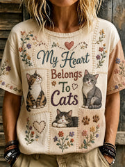 Kunstdruck zum Weltkatzentag für Frauen – lockeres, lässiges T-Shirt mit Blumenmuster