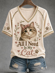 Frauen Internat ional Cat Day Kunstdruck Lose-Fit Floral Casual T-Shirt