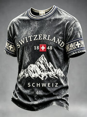 Herren Vintage Schwarz Schweizer Flagge National Day Print Freizeit T-Shirt