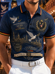 Herren-Poloshirt mit kurzen Ärmeln und Gedenkdruck zum Friedensfestival