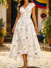 Damenkleid aus Baumwolle und Leinen mit floralem Muster