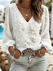 Damen-Top aus Baumwolle und Leinen mit floralem Print und V-Ausschnitt