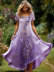 Damen-elegantes, fließendes Maxikleid mit violettem Blütengradient-Print und Kolibri-Motiv