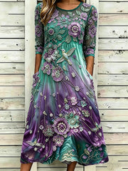 Damen-Elegantes, fließendes Maxikleid mit Kolibri- und violettem Blumenprint in Farbverlauf