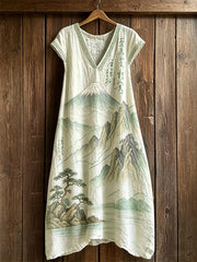 Damenkleid im Retro-Stil mit japanischem Landschaftsmotiv, kurzärmelig und mit V-Ausschnitt