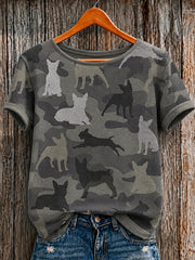 T-Shirt mit kurzen Ärmeln für Damen französische Bulldogge Camo Art