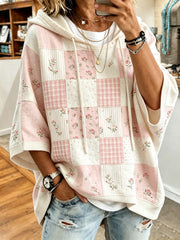 Rosa Retro-Kapuzenpullover für Damen mit Blumenmuster, lässig geschnitten