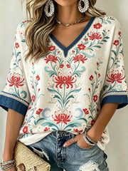 Kurzarm-T-Shirt mit Blumenmuster für Damen Retro-japanische Kunst