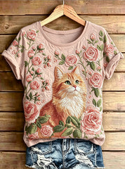 Damen niedliche Tier katze bedruckt Vintage Mode Lose Kurzarm T-Shirt