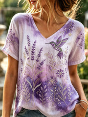 Damen Elegantes Kolibri Kurzarm-T-Shirt mit Blumen druck Leinen