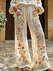 Frauen elegante Leinen hosen aus Baumwolle mit Blumen druck