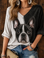Damen niedliches Boston Terrier Kunst Mittellange Ärmel V-Ausschnitt T-Shirt